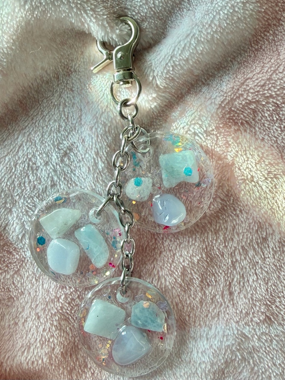 Clear Resin Triple Charm Keychain with Pale Blue Stone Accents